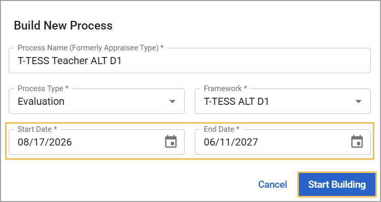 Modal to build a new evaluation process with start and end dates specified.
